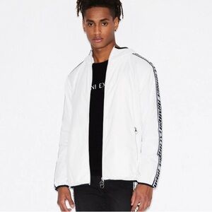 Armani Exchange Men’s White Windbreaker Jacket Black Trim, Hood,Logo Tape Detail